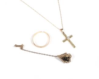 (3pc) MISC GOLD ITEMS | including a 14k gold cross mounted with a diamond on a fine link chain; a worn down 14k gold ring (together 2.7g); plus a 10k gold sorority pin with chain (3.7g)
