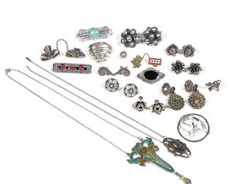 MISC. STERLING JEWELRY | Including an art nouveau enameled sterling pendant necklace, an onyx and silver "BOMA" pin, a sterling pendant with oval natural stone, an openwork pin with a turquoise or other blue cabochon, a Vandell sterling pin with natural or faux pearls, a pair of Coro screwback earrings with green stones, six other pairs of earrings, a vintage Pluto the dog sterling pendant, and other misc. sterling silver pieces; all together 4.47 ozt.
