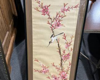 Hand Painted Bird On Silk Framed Art