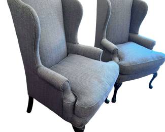 Recently Upholstered Pair of Blue Wingback Chairs