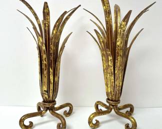 Pair of Hollywood Regency Gilded Metal Brass Tone Candle Holders
