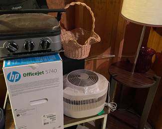 Vintage floor lamp; Kaz evaporative humidifier.