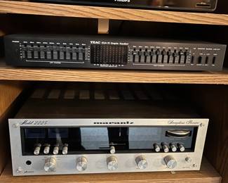 Marantz stereophonic receiver, Model 2225 (bottom in photo); TEAC EQA-10 graphic equalizer (center in photo); Phillips Blu-Ray disc player BDP 3010.