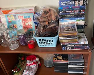 CDs, DVDs, home decor, compact bookshelf.