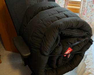 Coleman sleeping bag and office chair.