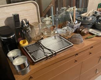 Mid-century modern dresser; kitchenware, home decor, and more.