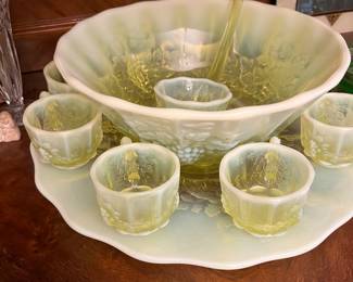 Mosser Vaseline Glass Punch Bowl & Cups  