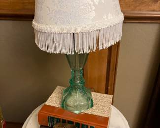 Electric Uranium Glass Table Lam; Vintage owl ashtray   