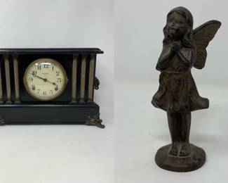 Antique E. Ingraham Mantle Clock + Modern Cast Iron Fairy