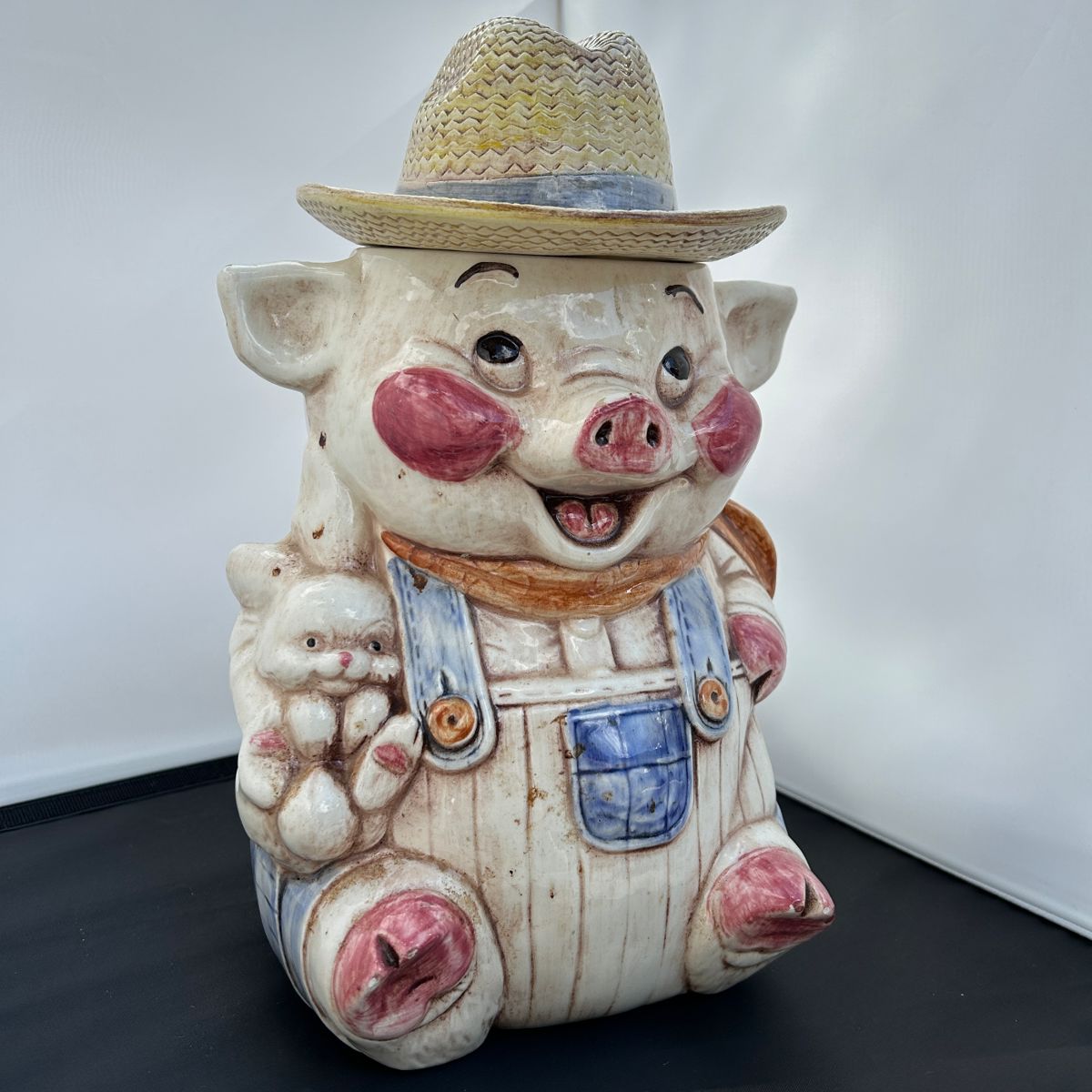 Vintage Farmhouse Pig in Overalls Cookie Jar / Canister 