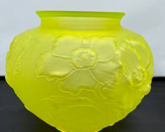 Uranium Yellow Satin Glass Vase with Flower Pattern