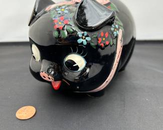 Vintage Hand Painted Black Piggy Bank with Red and Blue Flowers and a Pink Bow