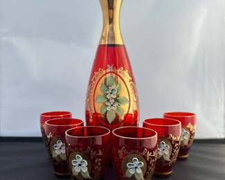 Ruby Glass Decanter and 6 Cups with Gold Details  and White & Blue Flowers 