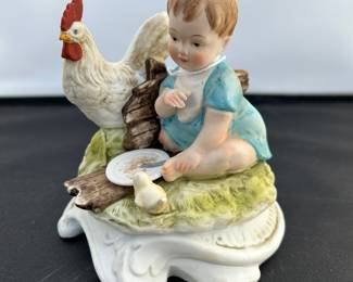 Lefton Figurine Baby Boy Sharing Food with Hen and Chick