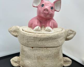 Vintage Farmhouse Pig in a Burlap Sac Cookie Jar / Canister