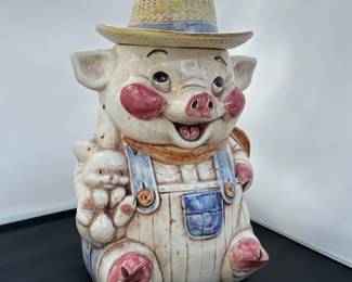 Vintage Farmhouse Pig in Overalls Cookie Jar / Canister 