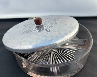 Vintage Sunburst Candy / Nut Bowl with Floral Aluminum Lid