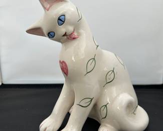 Vintage J.W. Co. Hand Painted White Cat Porcelain Figurine with Blue Eyes