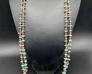 Turquoise & Coral Native American 32in Necklace