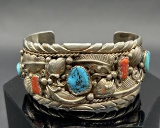 925 Silver, Turquoise and Coral Cuff Bracelet