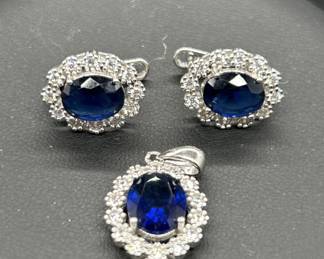 925 Silver w/ Blue Sapphire & Diamonds Pendant & Earrings Set
