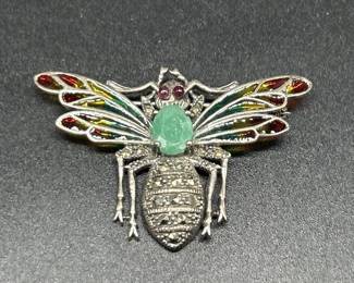 925 Silver w/ Emerald & Ruby Brooch, TW 9g