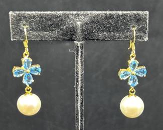 925 Silver w/ Topaz & Pearl Earrings, TW 8g