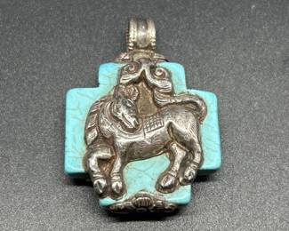 925 Silver & Turquoise Pendant,  TW 33.9g, Tested