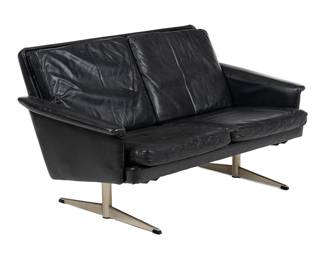Mid-Century Black Leather Love Seat