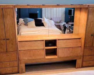 Mirrored Headboard With Cabinets And Light Bridge