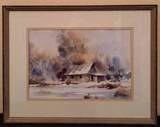 Hansen Watercolor Of Cabin In Winter 