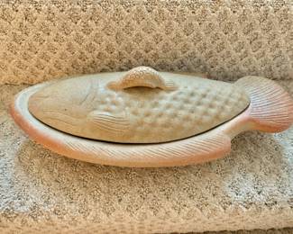 $75 - Fish-shaped covered ceramic casserole - 5.25" H, 15.5" L, 8" W