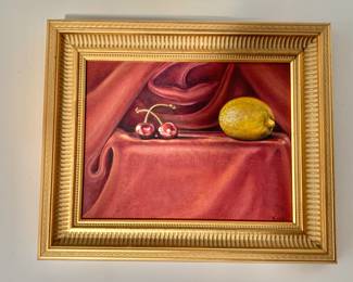 $295 - Still life of cherries and lemon - signed Kirk - 15"  x 18.25" W
