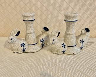 $40 pair - Dedham Pottery Bunnies pair candlestick holders crackle blue each 4.25" H, 5" W, 2.5" D