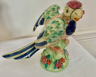 $125 - Vintage Hand Painted Porcelain Majolica Parrot - 8" H, 6" W, 8" D