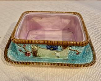 $45 - Majolica sardine box without lid and small chip - 2.5" H, 7.5" W, .75" D (small chip)