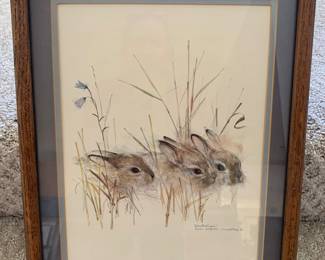 $60 - Three rabbits framed print - 15" H x 12" W