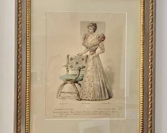 $60 - "Le Moniteur de la Mode" framed print woman and chair - 21" H x  17.5" W