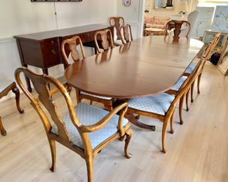 $2,700 - Dining room triple pedestal table and 10 chairs (can be sold separately) -  $1,400 table as shown: 29" H, 108" L (includes 36" leaf), 42" W; $1,300 - 10 chairs; side chairs (8): 38.5" H, 19" W, 17" D, seat height 19"; armchairs (2): 40" H, 22" W, 19" D, seat height 19".  A few chairs have small veneer missing.