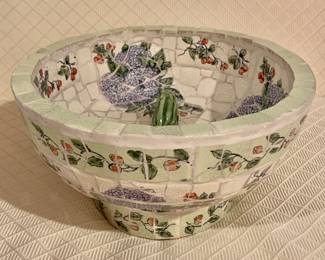 $120 - Cement & Tile Garden Vase with Frog - 7" H, 12.5" diam