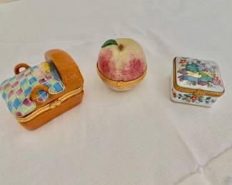 Lidded trinket boxes $8 - baby in carrier, $8 apple and $10 -box - baby on left: 2.5" H, 2.75" L, 2" W