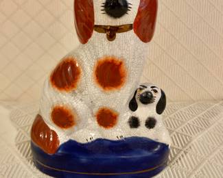$95 - Vintage Staffordshire Style Wally Dog, King Charles Spaniel, with Puppy Figurine - 6" H, 5" W, 2.25" D