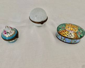 Lidded boxes - $20 left; $60 - middle golf ball Rochard Limoges, France; $20 - tiger on right: 1" H, 2.5" L, 1.75" W (TIGER BOX SOLD)