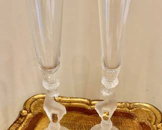 $70 - Pair frosted goat flutes each -  crystal, France - 11.25" H, 2.25" diam