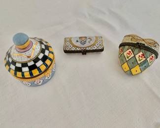 Trio of trinket boxes - left: 3" H, 2.5" diam; $20 - left; $30 middle; $30 right