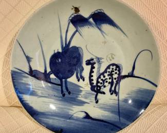 $350 - Vintage blue and white chinoiserie plate - 1.5" H, 10" diam.