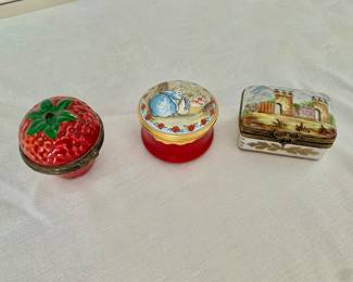 Trio of lidded trinket boxes - $20 - left 2" H, 1.5" diam ; $30 - middle Beatrix Potter Halcyon Days; $30 right 