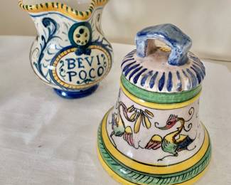 $20 each - Italian ceramic pitcher and bell - bell: 4.5" H, 4 diam - pitcher is SOLD