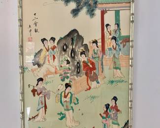 $275 - Vintage signed chinoiserie art in bamboo frame -  36" H x 22" W 