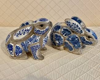 $80 - Pair Nancy Lopez Mosaic Pottery Ceramic Blue & White Rabbit Flower Frog Vase Figurine / Mosaic Bunny Figure / Easter Decor: left: 3.75" H, 5" W, 2.5" D